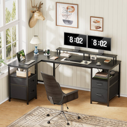 Korfile 57" L Shaped Computer Desk with File Drawers & Power Outlets, Black | Home Office Desk w/ 4 Drawers, LED Lights, Reversible, Monitor Stand, Gaming Table for Corner Space, Ideal for Study, Writing