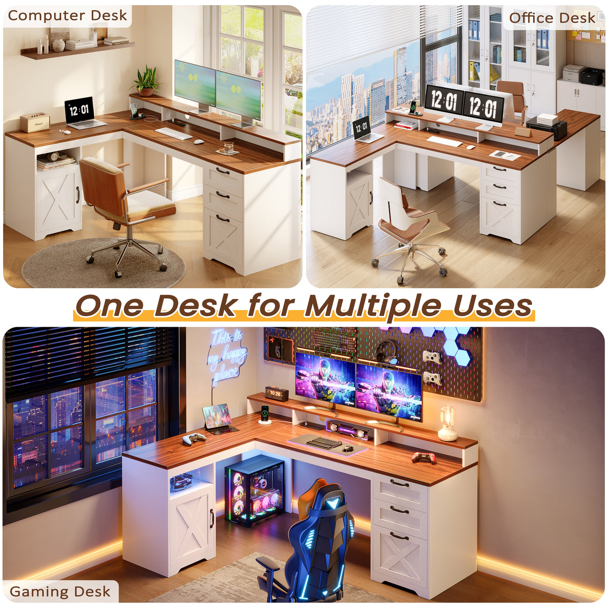 Korfile 63" L Shaped Desk with Drawers with File Cabinet & Power Outlet Farmhouse Computer Desk, Executive Desk with Monitor Stand & Storage Cabinet for Home Office, Corner Desk, Brown and White