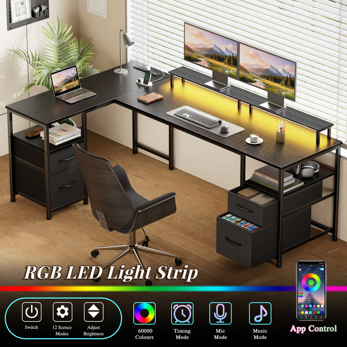 Korfile 65" L Shaped Computer Desk with File Drawers & Power Outlets, Black | Home Office Desk w/ 4 Drawers, LED Lights, Reversible, Monitor Stand, Gaming Table for Corner Space, Ideal for Study, Writing