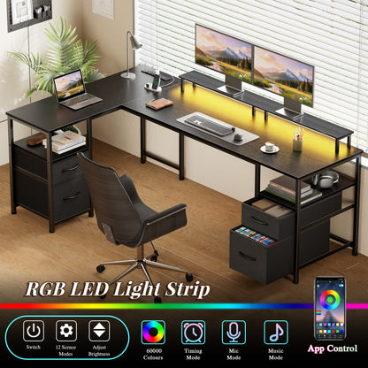 Korfile 65" L Shaped Computer Desk with File Drawers & Power Outlets, Black | Home Office Desk w/ 4 Drawers, LED Lights, Reversible, Monitor Stand, Gaming Table for Corner Space, Ideal for Study, Writing