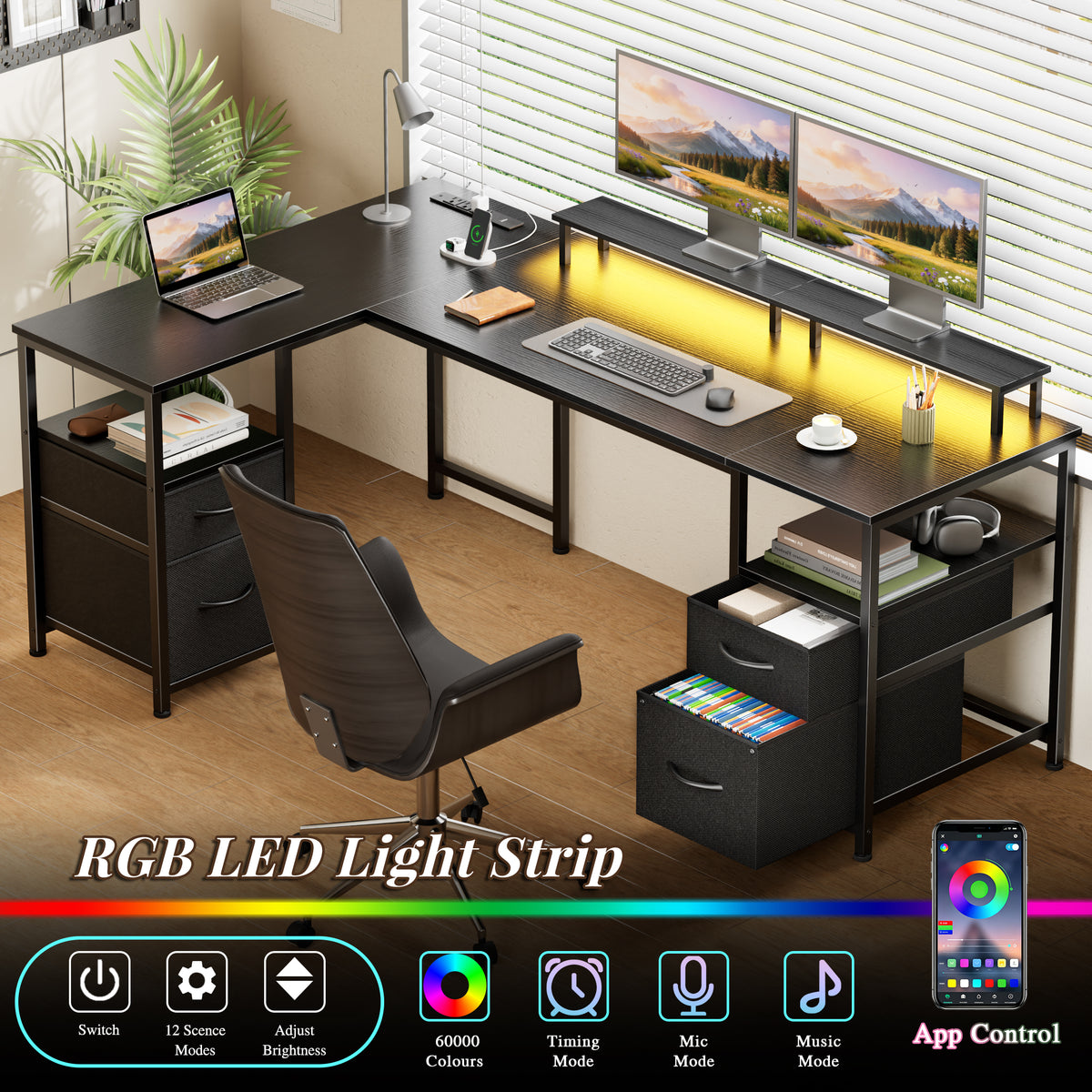 Korfile 57" L Shaped Computer Desk with File Drawers & Power Outlets, Black | Home Office Desk w/ 4 Drawers, LED Lights, Reversible, Monitor Stand, Gaming Table for Corner Space, Ideal for Study, Writing