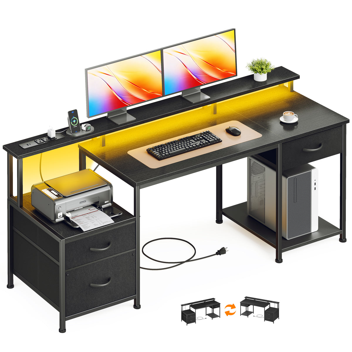 Korfile 55 Inch Computer Desk with Power Outlets, Home Office Desk with 3 Adjustable Storage Drawers & Monitor Stands, Gaming Table for Bedroom, Black