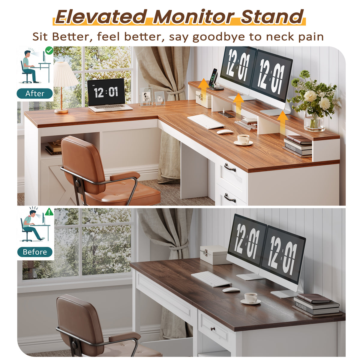 Korfile 63" L Shaped Desk with Drawers with File Cabinet & Power Outlet Farmhouse Computer Desk, Executive Desk with Monitor Stand & Storage Cabinet for Home Office, Corner Desk, Brown and White
