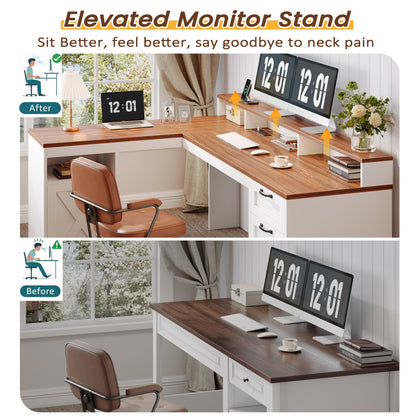 Korfile 63" L Shaped Desk with Drawers with File Cabinet & Power Outlet Farmhouse Computer Desk, Executive Desk with Monitor Stand & Storage Cabinet for Home Office, Corner Desk, Brown and White