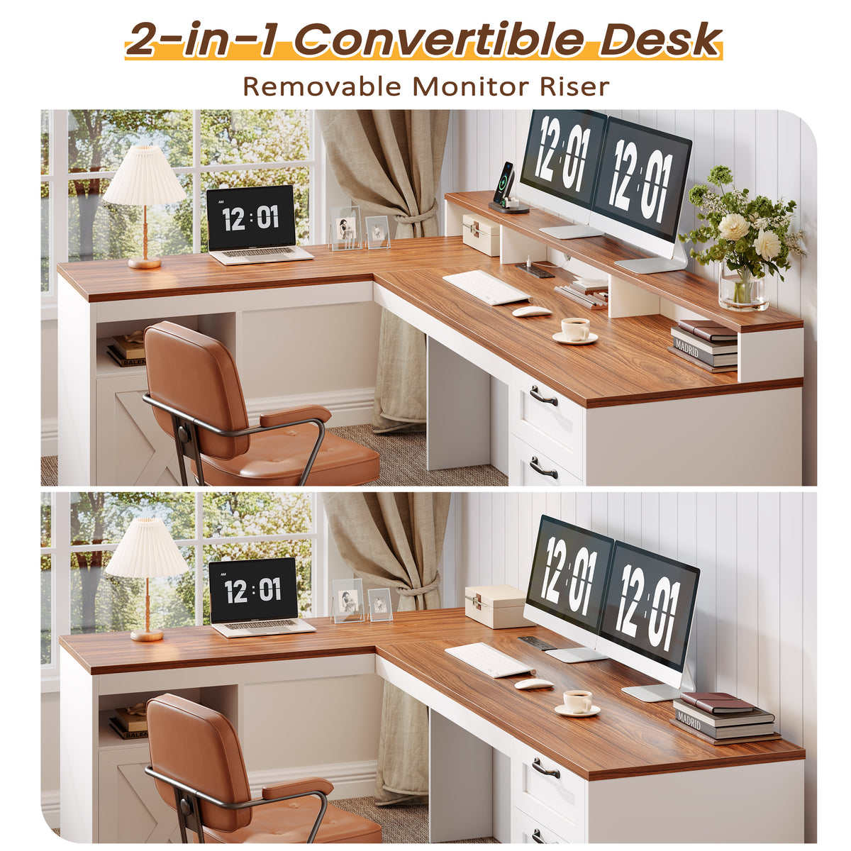 Korfile 63" L Shaped Desk with Drawers with File Cabinet & Power Outlet Farmhouse Computer Desk, Executive Desk with Monitor Stand & Storage Cabinet for Home Office, Corner Desk, Brown and White
