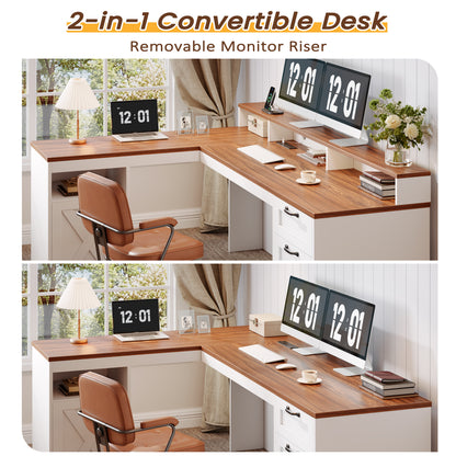 Korfile 63" L Shaped Desk with Drawers with File Cabinet & Power Outlet Farmhouse Computer Desk, Executive Desk with Monitor Stand & Storage Cabinet for Home Office, Corner Desk, Brown and White