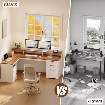 Korfile 63" L Shaped Desk with Drawers with File Cabinet & Power Outlet Farmhouse Computer Desk, Executive Desk with Monitor Stand & Storage Cabinet for Home Office, Corner Desk, Brown and White