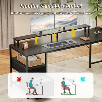 Korfile 65" L Shaped Computer Desk with File Drawers & Power Outlets, Black | Home Office Desk w/ 4 Drawers, LED Lights, Reversible, Monitor Stand, Gaming Table for Corner Space, Ideal for Study, Writing