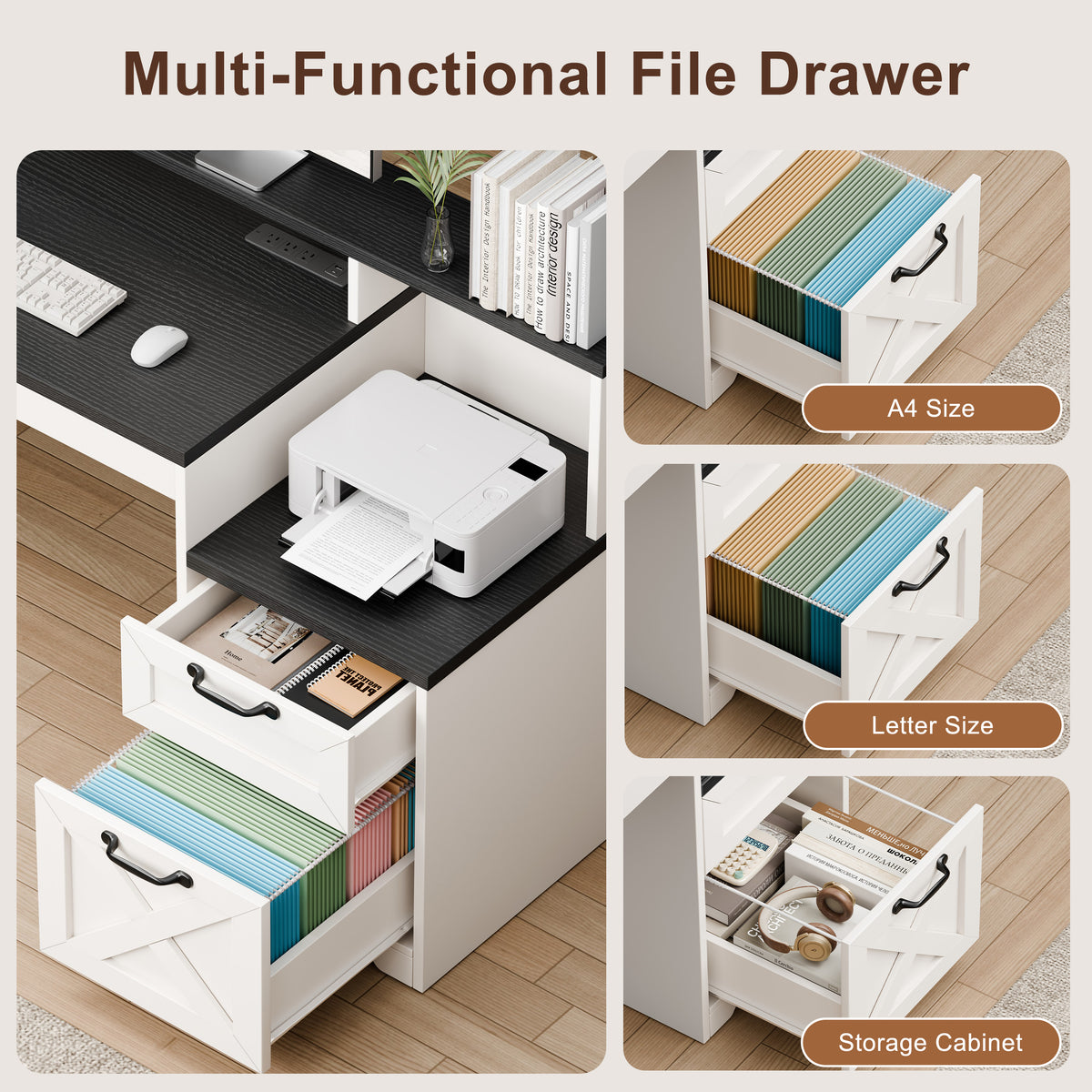 Korfile 63" Farmhouse Desk with Drawers and Storage Shelf for Home Office