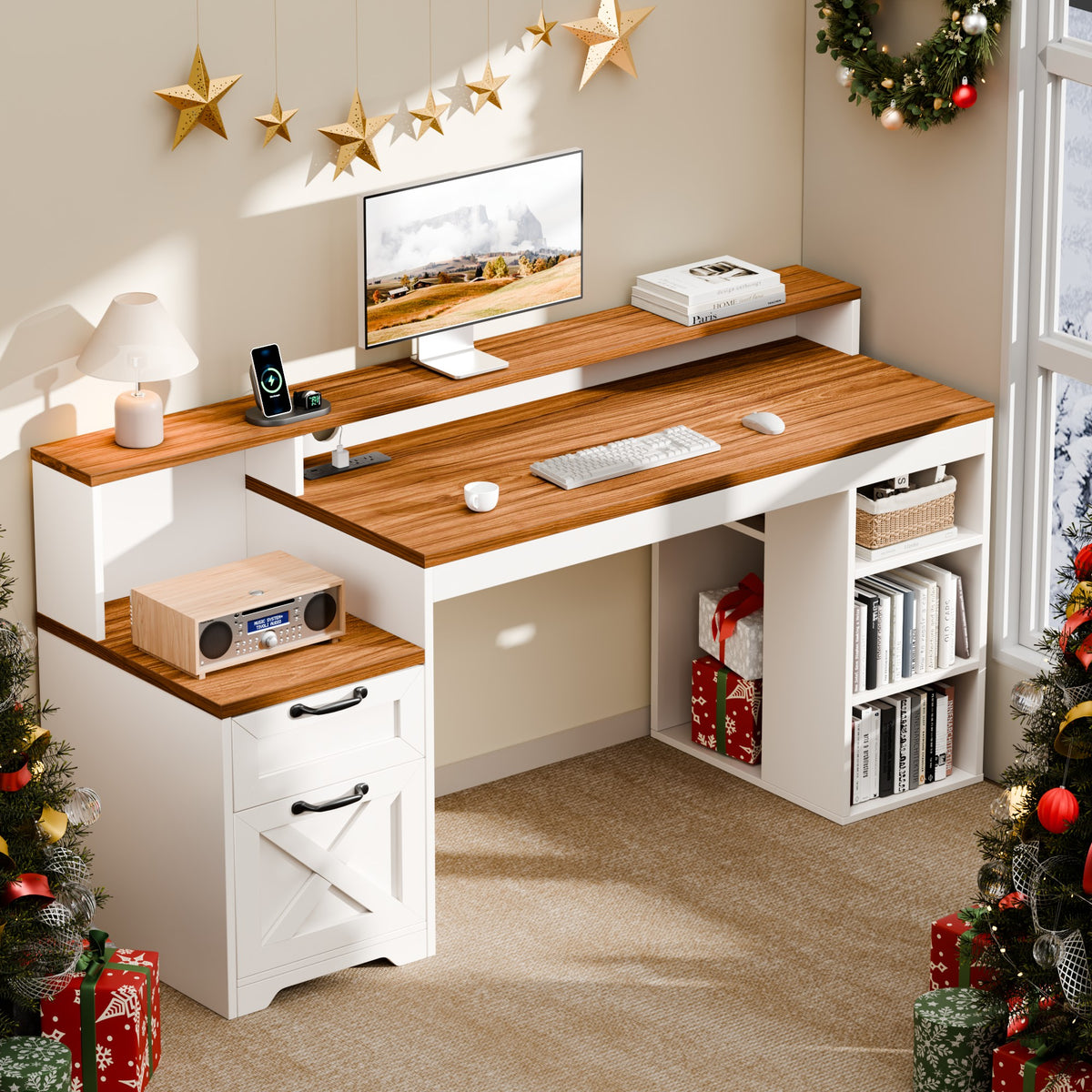 63" Farmhouse Computer Desk with Drawers and Printer Stand for Home Office