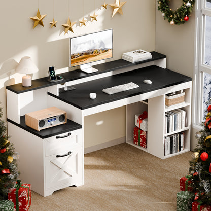 Korfile 63" Farmhouse Desk with Drawers and Storage Shelf for Home Office