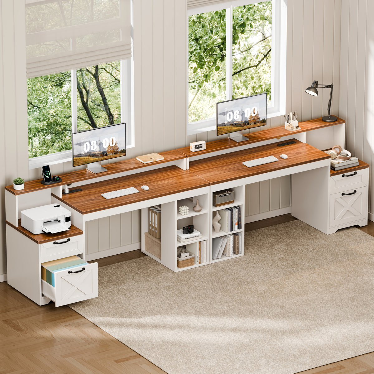 63" Farmhouse Computer Desk with Drawers and Printer Stand for Home Office