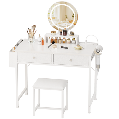 Vanity Desk with Mirror and Light, Makeup Table Set with Chair for Girls Teen, Make Up Dresser with 2 Drawers and Power Outlet, 32 Inch Dressing Table with Cushion Stool for Bedroom, White