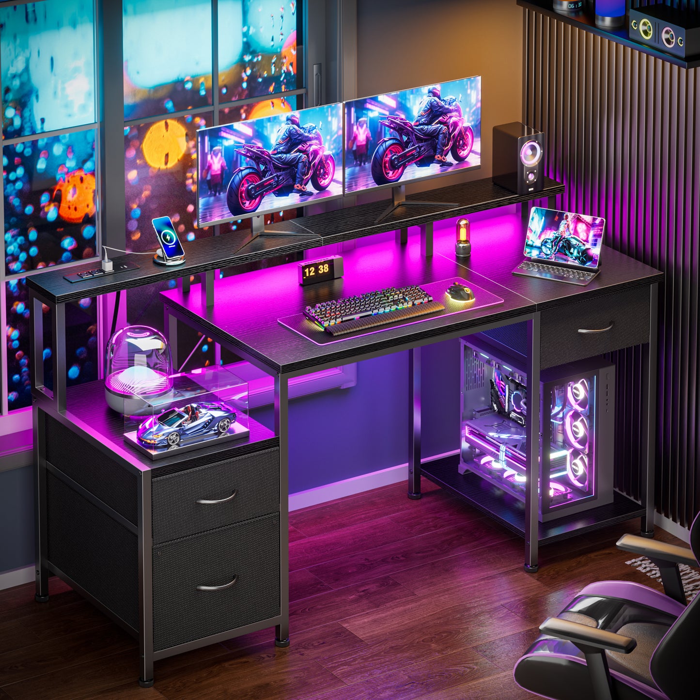 Korfile 55 Inch Computer Desk with Power Outlets, Home Office Desk with 3 Adjustable Storage Drawers & Monitor Stands, Gaming Table for Bedroom, Black