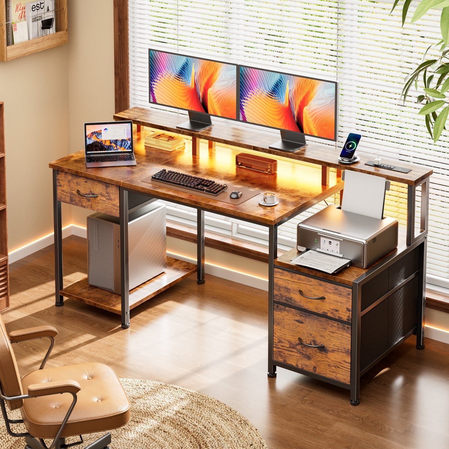 Korfile 55 Inch Computer Desk with Power Outlets, Home Office Desk with 3 Adjustable Storage Drawers & Monitor Stands, Gaming Table for Bedroom, Rustic Brown
