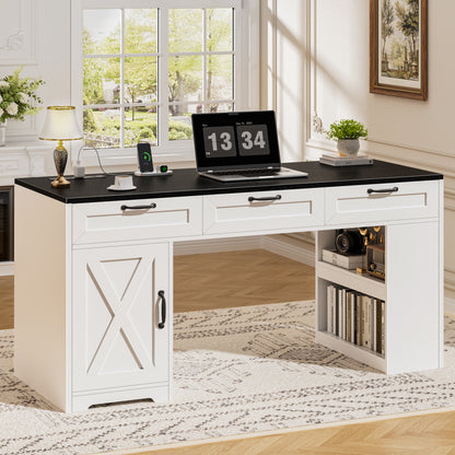 55'' Farmhouse Computer Desk with Drawers for Home Office, Walnut Black