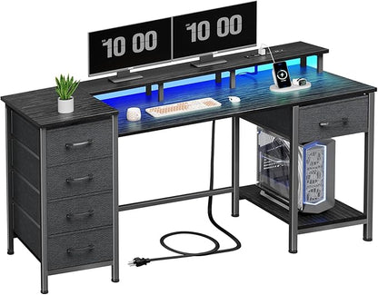 55"  Gaming Desk - Power Outlets, LED Lights | Reversible, 5 Drawers for Office & Study