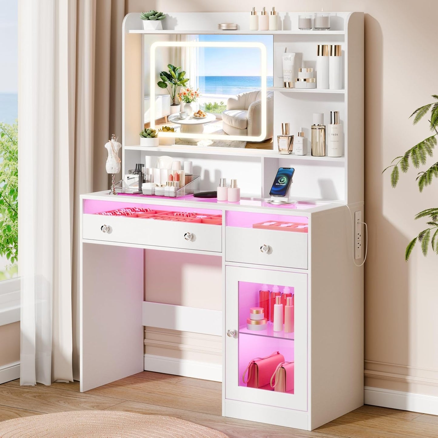 Korfile Vanity Desk, Makeup Vanity Desk with Mirror and Lights 3 Colors, Transparent Top with 2 RGB Drawers, 3 Shelves, 1 Large Tempered Cabinets, Power Outlet for Bedroom, White