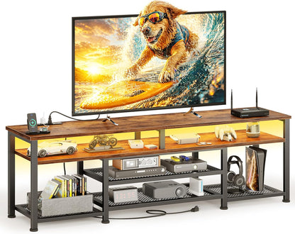 Korfile TV Stand for 65/75/80 inch TV, 71 in Entertainment Center with LED Lights and LED Lights, TV Console Table with Open Shelves for Living Room and Bedroom, Rustic Brown
