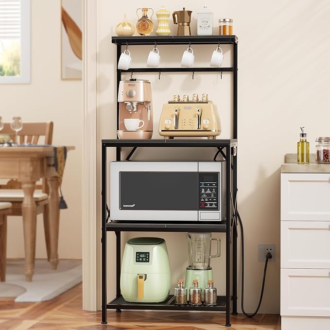 4-Tier Kitchen Rack with Power Outlet - Microwave Stand, 8 Hooks for Spices & Coffee Station