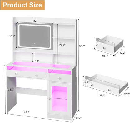 Korfile Vanity Desk, Makeup Vanity Desk with Mirror and Lights 3 Colors, Transparent Top with 2 RGB Drawers, 3 Shelves, 1 Large Tempered Cabinets, Power Outlet for Bedroom, White