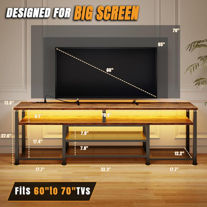 Korfile TV Stand for 65/75/80 inch TV, 71 in Entertainment Center with LED Lights and LED Lights, TV Console Table with Open Shelves for Living Room and Bedroom, Rustic Brown