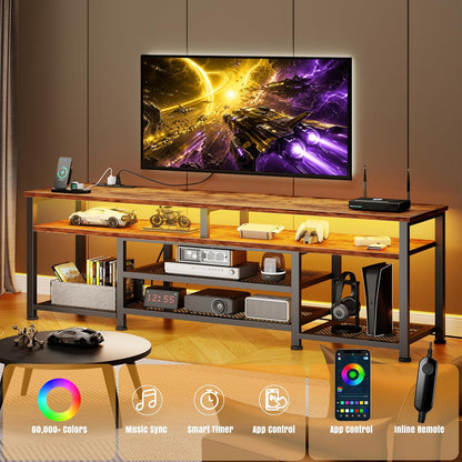 Korfile TV Stand for 65/75/80 inch TV, 71 in Entertainment Center with LED Lights and LED Lights, TV Console Table with Open Shelves for Living Room and Bedroom, Rustic Brown