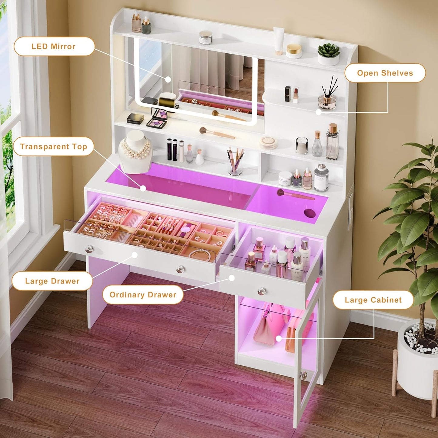 Korfile Vanity Desk, Makeup Vanity Desk with Mirror and Lights 3 Colors, Transparent Top with 2 RGB Drawers, 3 Shelves, 1 Large Tempered Cabinets, Power Outlet for Bedroom, White