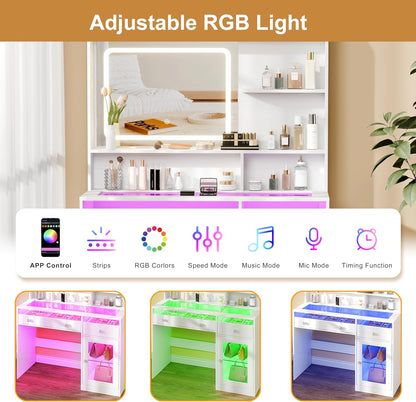 Korfile Vanity Desk, Makeup Vanity Desk with Mirror and Lights 3 Colors, Transparent Top with 2 RGB Drawers, 3 Shelves, 1 Large Tempered Cabinets, Power Outlet for Bedroom, White