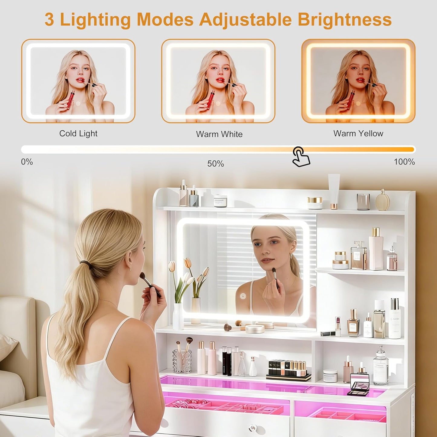 Korfile Vanity Desk, Makeup Vanity Desk with Mirror and Lights 3 Colors, Transparent Top with 2 RGB Drawers, 3 Shelves, 1 Large Tempered Cabinets, Power Outlet for Bedroom, White