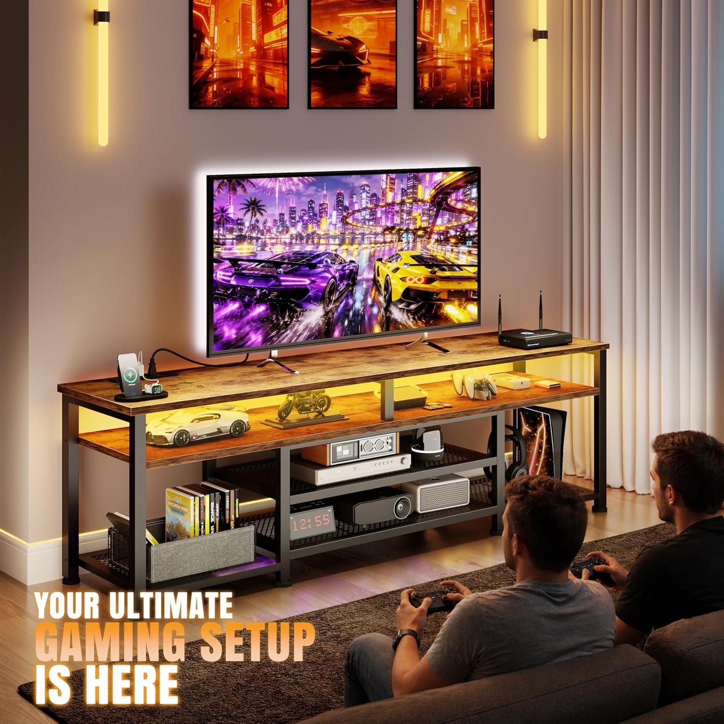 Korfile TV Stand for 65/75/80 inch TV, 71 in Entertainment Center with LED Lights and LED Lights, TV Console Table with Open Shelves for Living Room and Bedroom, Rustic Brown