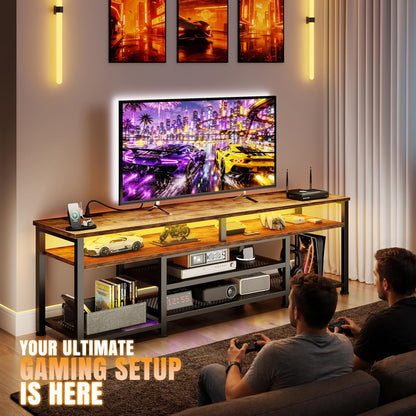 Korfile TV Stand for 65/75/80 inch TV, 71 in Entertainment Center with LED Lights and LED Lights, TV Console Table with Open Shelves for Living Room and Bedroom, Rustic Brown