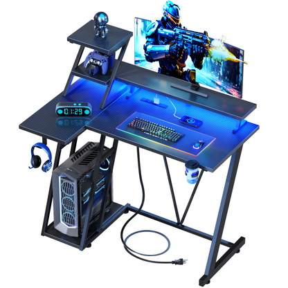 Korfile 40'' Gaming Desk with Power Outlet & LED, Carbon Fiber Black | Computer Gaming Table, Corner Desk, L Shaped, Reversible, Storage Shelves, Monitor Stand, for gaming, work