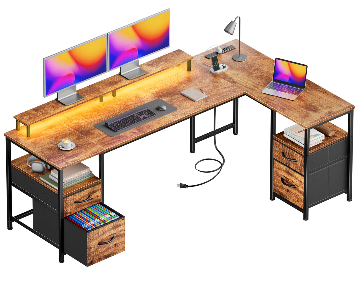 Korfile 65" L Shaped Computer Desk with File Drawer, Rustic Brown | Home Office Desk w/ 4 Drawers, LED Lights, Reversible, Monitor Stand, Gaming Table for Corner Space, Ideal for Study, Writing