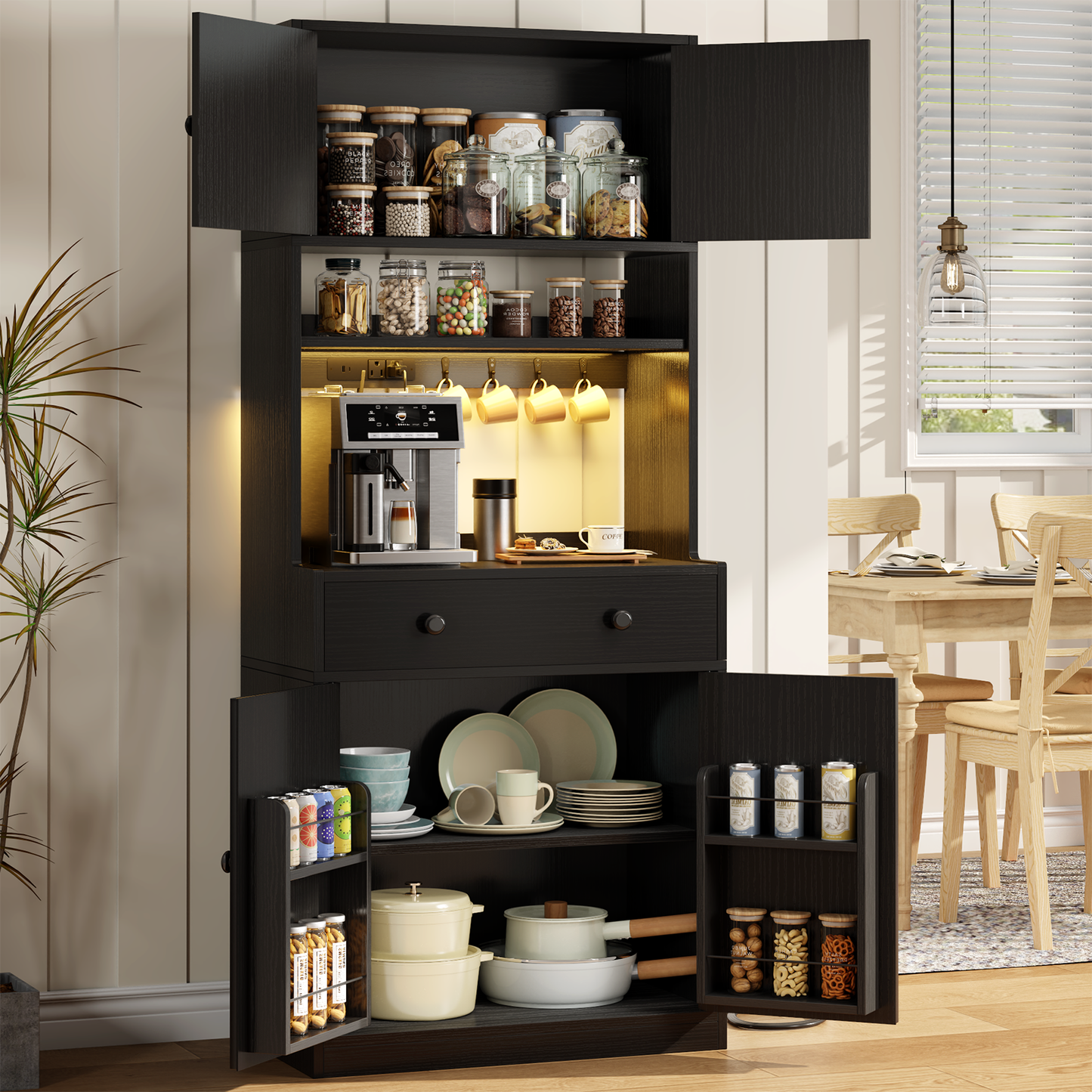 Korfile 71'' Black Kitchen Pantry Storage Cabinet Farmhouse Freestanding Microwave Stand with Hutch Doors and Drawers for Dining Room and Coffee Bar
