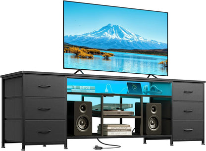 Korfile 71 Inch LED TV Stand for Bedroom, Entertainment Center with Power Outlets & 6 PU Leather Drawers, Media Console Table with Open Storage Shelves for 55-75 Inch TV, Living Room, Black
