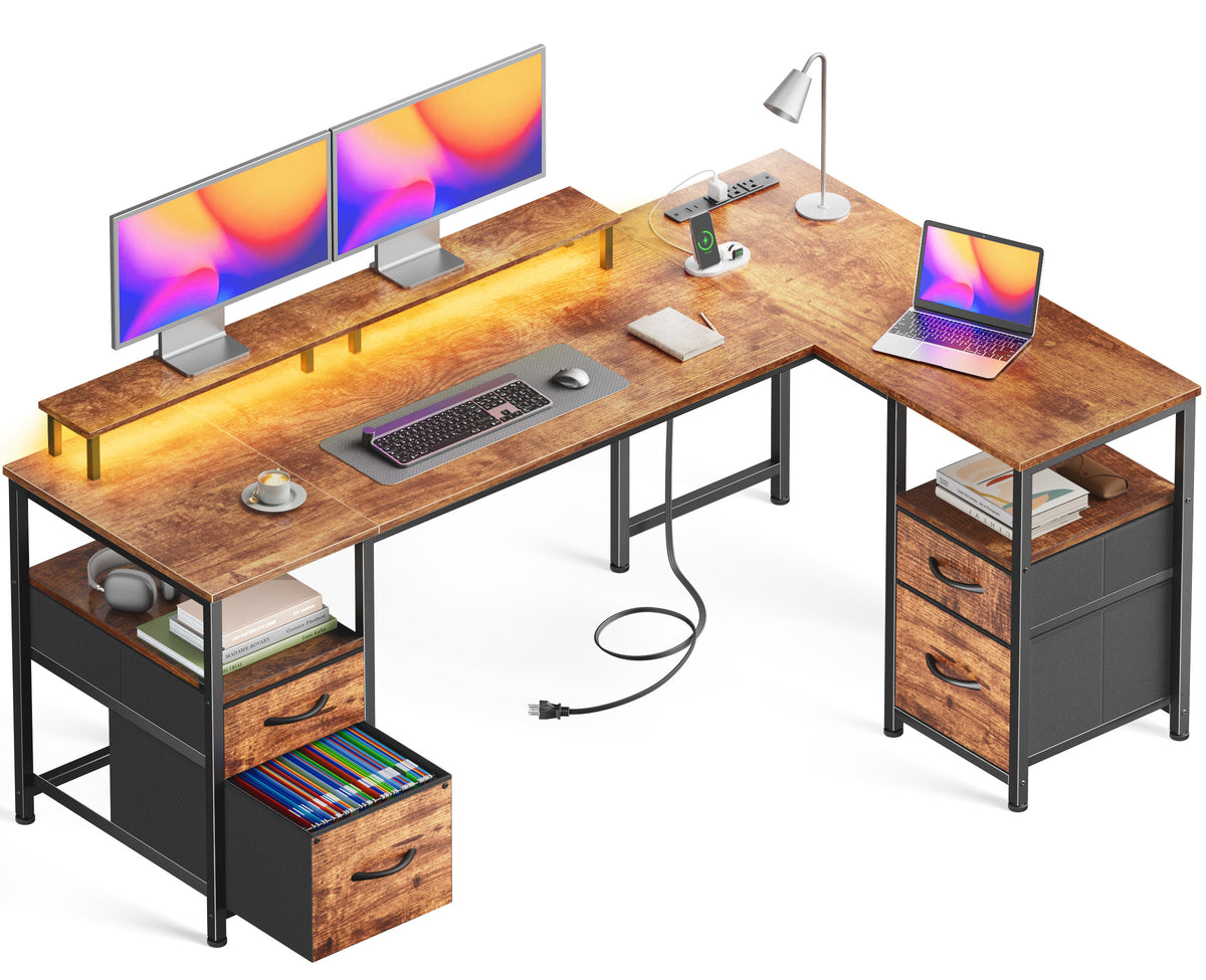 Korfile 57" Computer L Shaped Desk w/File Drawer, Rustic Brown | Home Office Desk w/ 4 Drawers, LED Lights, Reversible, Monitor Stand, Gaming Table for Corner Space, Ideal for Study, Writing