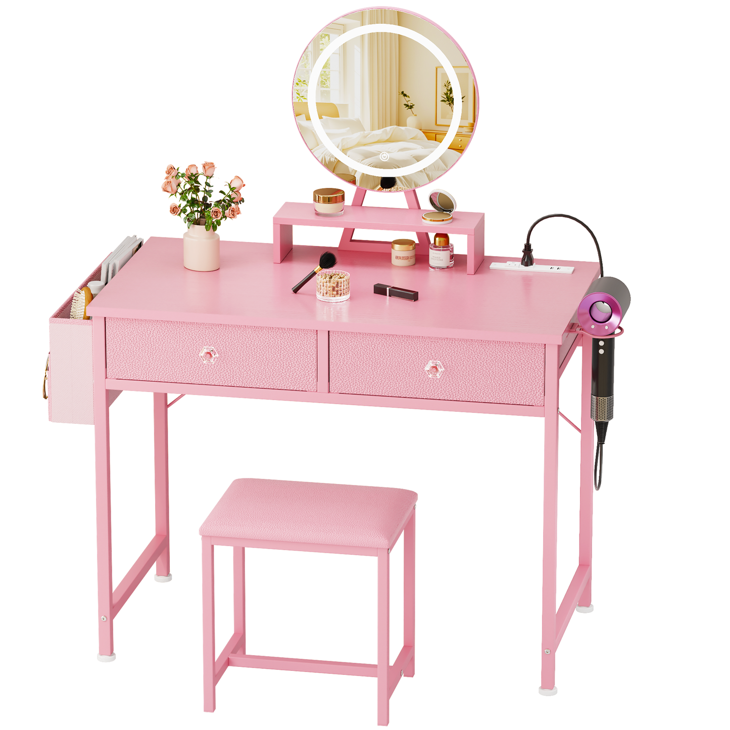 Vanity Desk with Mirror and Light, Makeup Table Set with Chair for Girls Teen, Make Up Dresser with 2 Drawers and Power Outlet, 32 Inch  Dressing Table with Cushion Stool for Bedroom, Pink