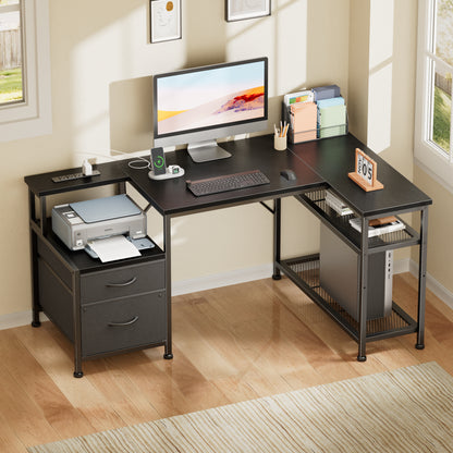 Korfile 49 Inch L Shaped Gaming Desk with Power Outlets, Reversible Computer Desk with 2 Fabric Drawers & Printer Stand, Office Desk with Mesh Shelves, Black