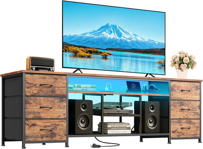 Korfile 71 Inch LED TV Stand for Bedroom, Entertainment Center with Power Outlets & 6 PU Leather Drawers, Media Console Table with Open Storage Shelves for 55-75 Inch TV, Living Room, Rustic Brown
