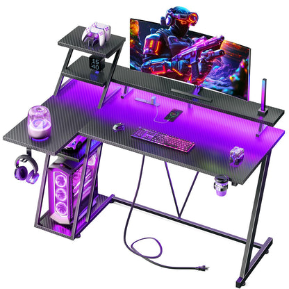 Korfile 55 Inch Black Gaming Desk with LED Lights & Power Outlet, Gaming Computer Desk with Storage Shelves, L Shaped Gamer Workstations with Monitor Stand for Bedroom