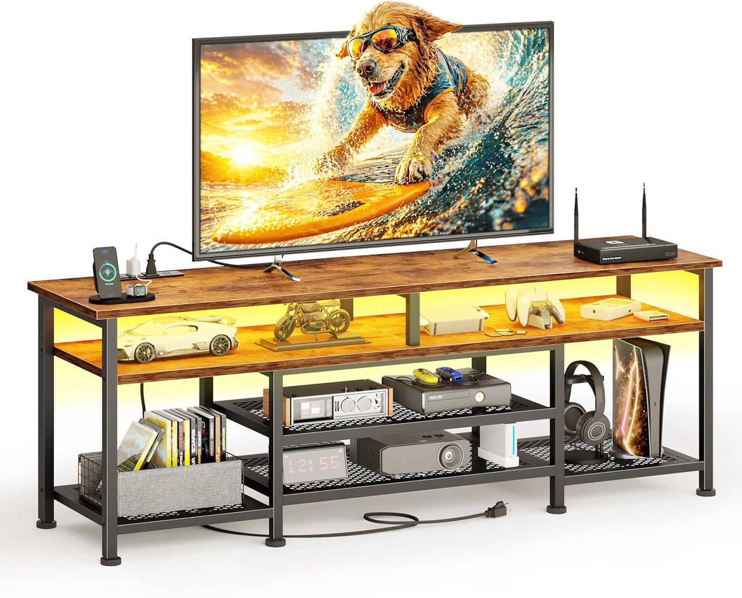 Korfile TV Stand for 60/65/70 inch TV,63 InEntertainment Center with LED Lights and LED Lights, TV Console Table with Open Shelves for Living Room and Bedroom, Rustic Brown