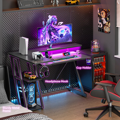 Korfile 40 Inch Gaming Desk with Power Outlet, LED, Carbon Fiber Black
 | L Shaped Computer Gaming Table, Corner Gamer Table, with 3 Tiers Storage Shelves, with Moniter Stand, for Small Space