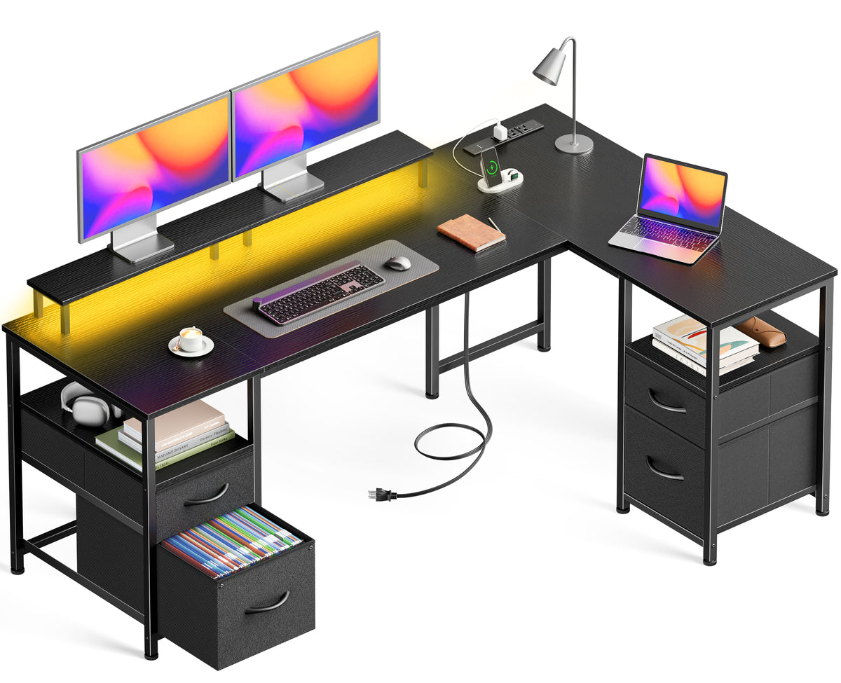 Korfile 57" L Shaped Computer Desk with File Drawers & Power Outlets, Black | Home Office Desk w/ 4 Drawers, LED Lights, Reversible, Monitor Stand, Gaming Table for Corner Space, Ideal for Study, Writing