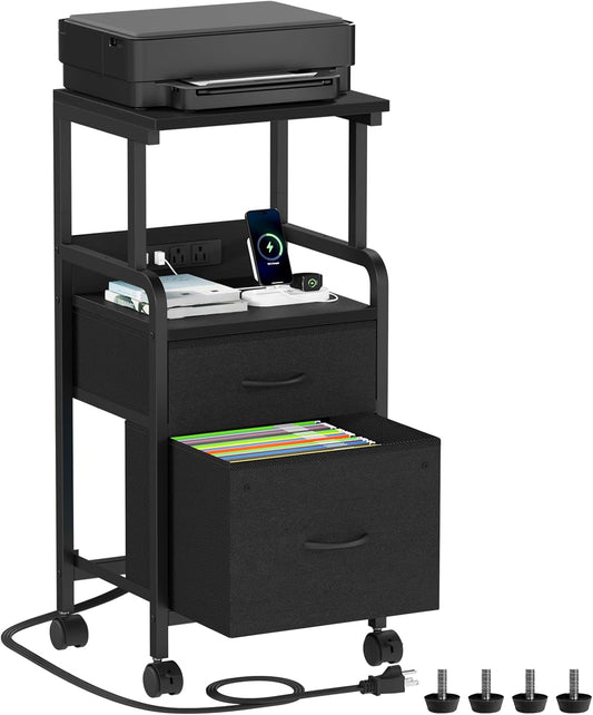 4-Tier Rolling Printer Stand with Power Outlets - Mobile Cart with 2 Drawers & Wheels for Office Use