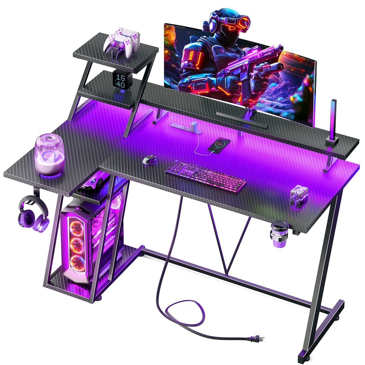 Korfile 40 Inch Gaming Desk with LED & Power Outlet, Carbon Fiber Black
 |
 L Shaped Computer Gaming Table, Reversible Corner Desk, Storage Shelves, Monitor Stand, for Home Office & Gaming Room