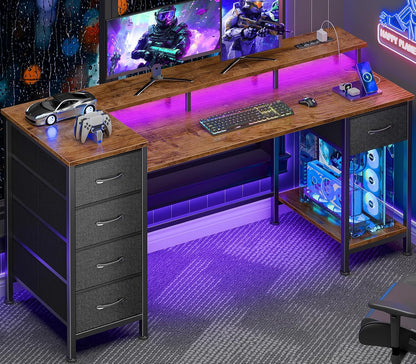 Korfile 55 Inch Gaming Desk with Power Outlets and LED Lights, Reversible Computer Desk with 5 Fabric Storage Drawers, Home Office Desk with Monitor Stand for Working Writing Study, Rustic Brown