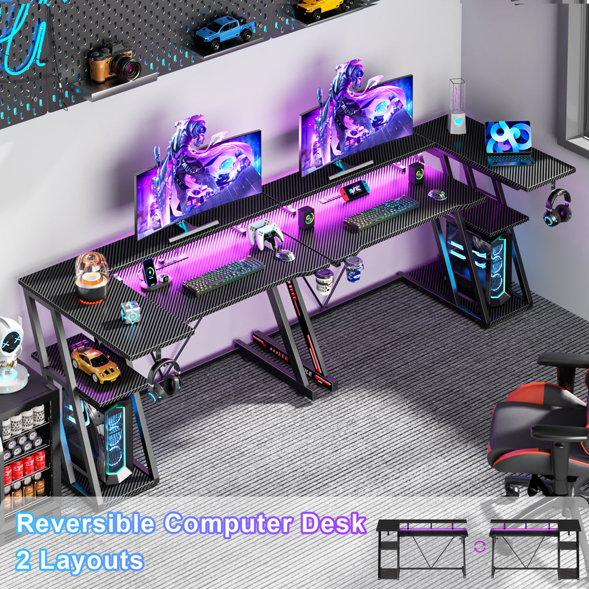 Korfile 40 Inch Gaming Desk with Power Outlet, LED, Carbon Fiber Black
 | L Shaped Computer Gaming Table, Corner Gamer Table, with 3 Tiers Storage Shelves, with Moniter Stand, for Small Space