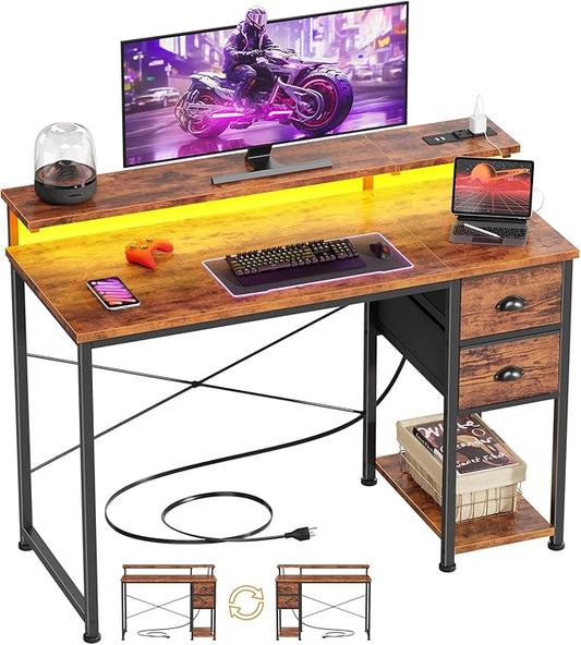 Gaming Desk with Power Outlets & LED Lights - 2 Drawers, Reversible, Full Monitor Stand