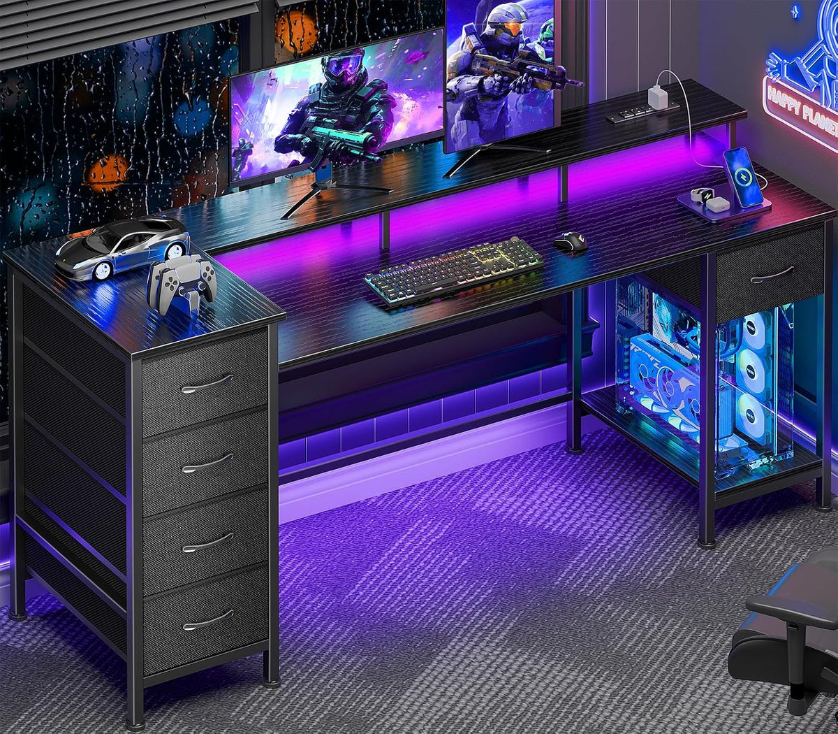 Korfile 61 Inch Gaming Computer Desk with Power Outlets,LED,5 Drawers,Black